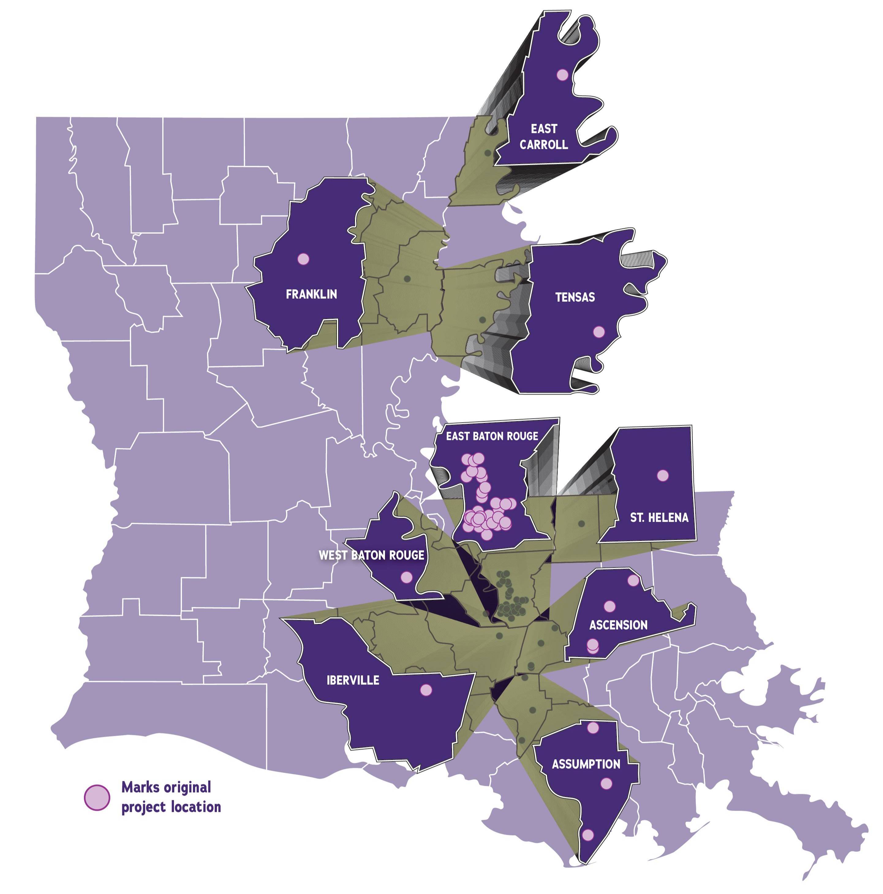 Map of playgrounds Map of Louisiana showing parishes included in the playground project: Franklin (1 location), East Carroll (1), Tensas (1), East Baton Rouge (32), St. Helena (1), West Baton Rouge (1), Ascension (4), Iberville (1), and Assumption (3).