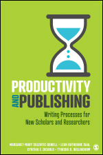 Book cover green with an hour glass with the title Productivity and Publishing Writing Processes for New Scholars and Researchers authors Margaret-Mary Sulentic Dowell | Leah Katherine Saal | Cynthia F. DiCarlo | Tynisha D. Willingham